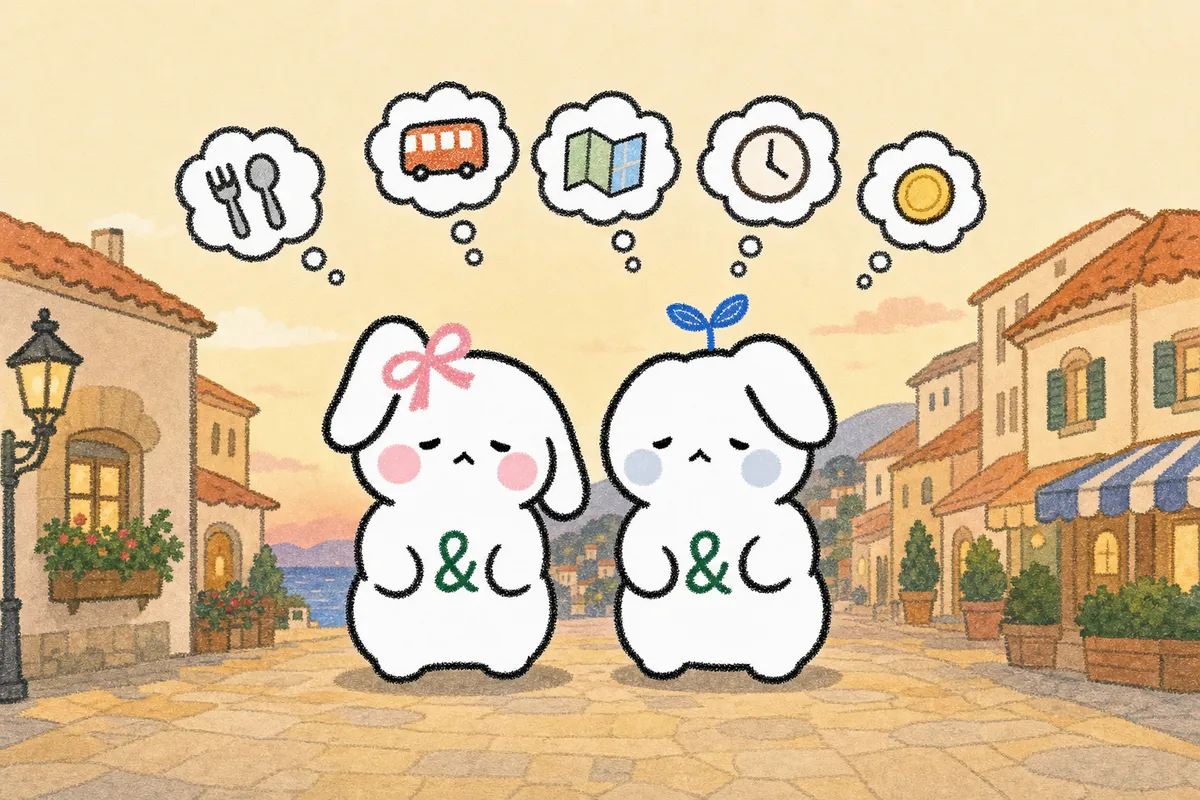 저녁 여행지 거리에서 지친 앤토 부부 위로 음식·버스·지도·시계 아이콘 말풍선이 떠 있는 삽화