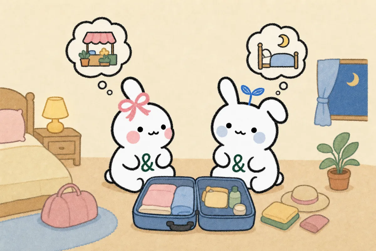 여행 전날 밤, 열린 캐리어 옆에서 각자의 바람을 아이콘 말풍선으로 나누는 앤토 부부 삽화
