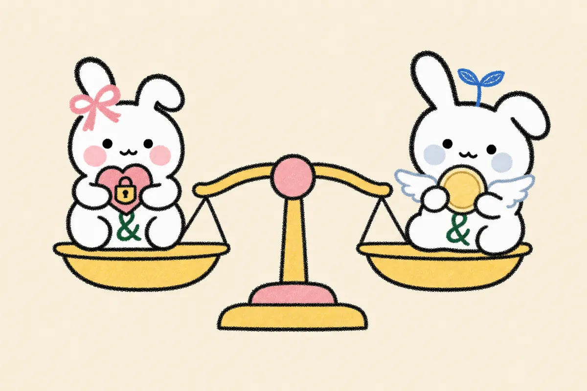 돈이 안전인 여토와 자유인 남토, 서로 다른 돈 각본을 나타내는 저울 삽화
