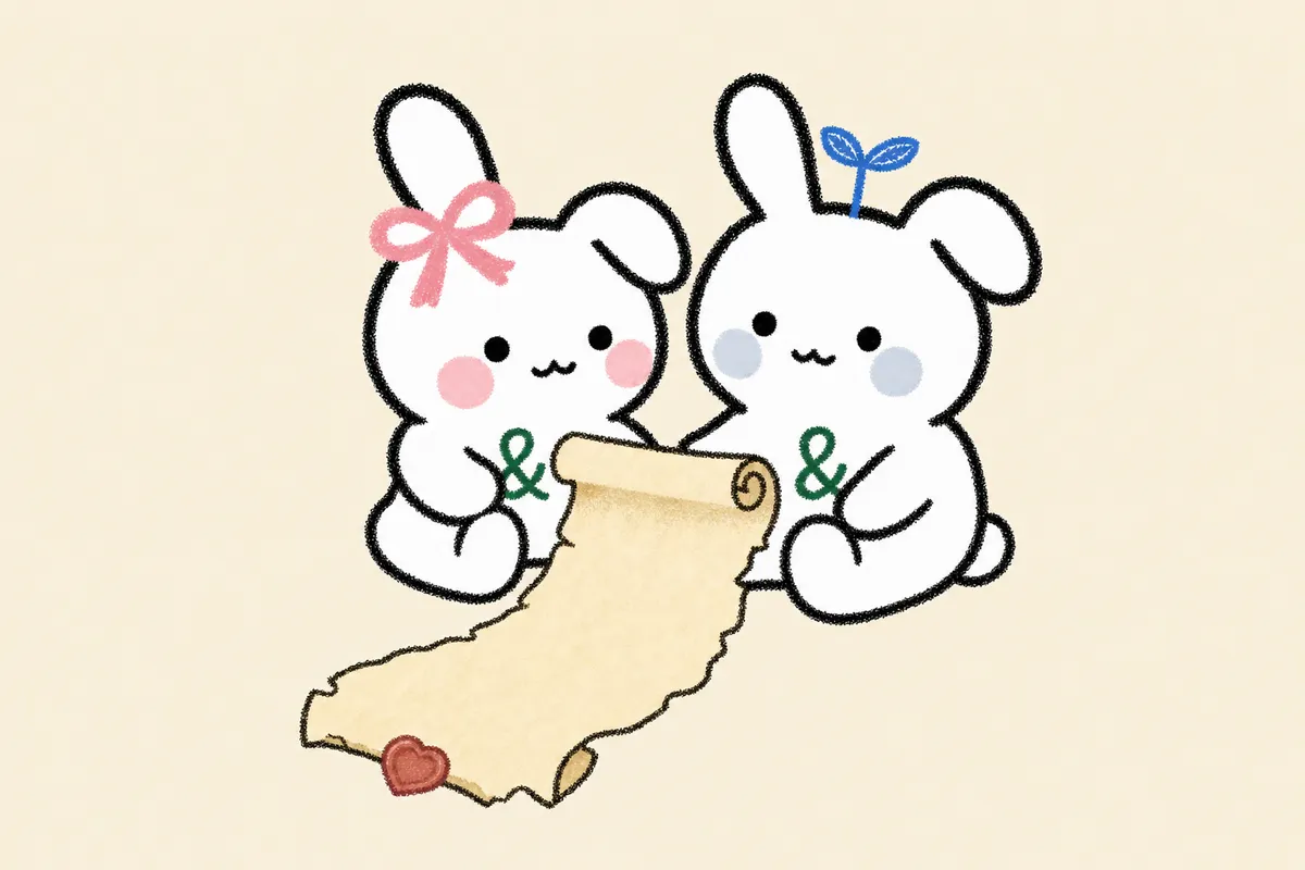 연애 시절의 오래된 약관 두루마리를 함께 펼쳐 읽는 앤토 부부 삽화
